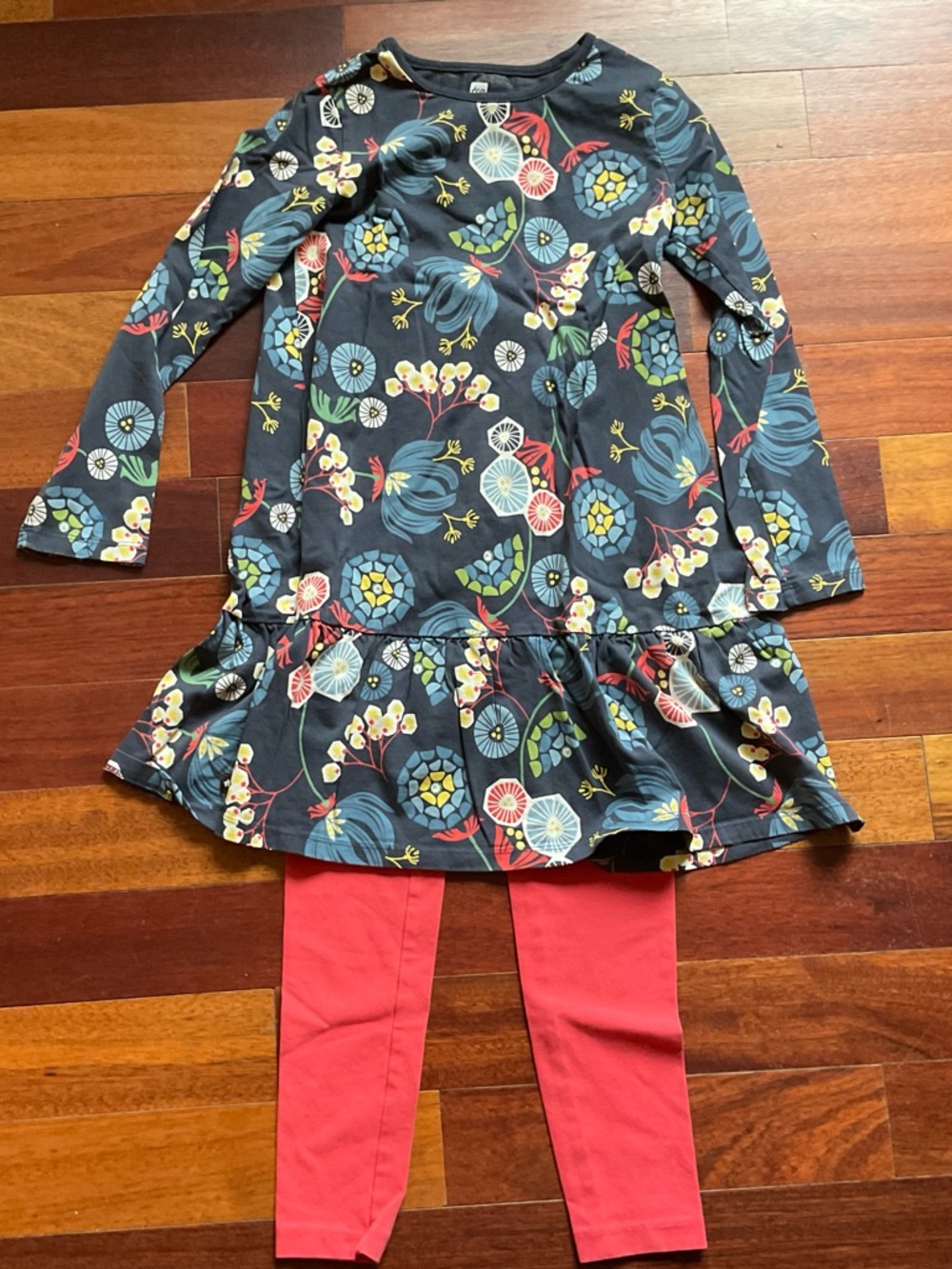 Tea Collection Size 8 Navy Floral dress with and Coral Leggings Set